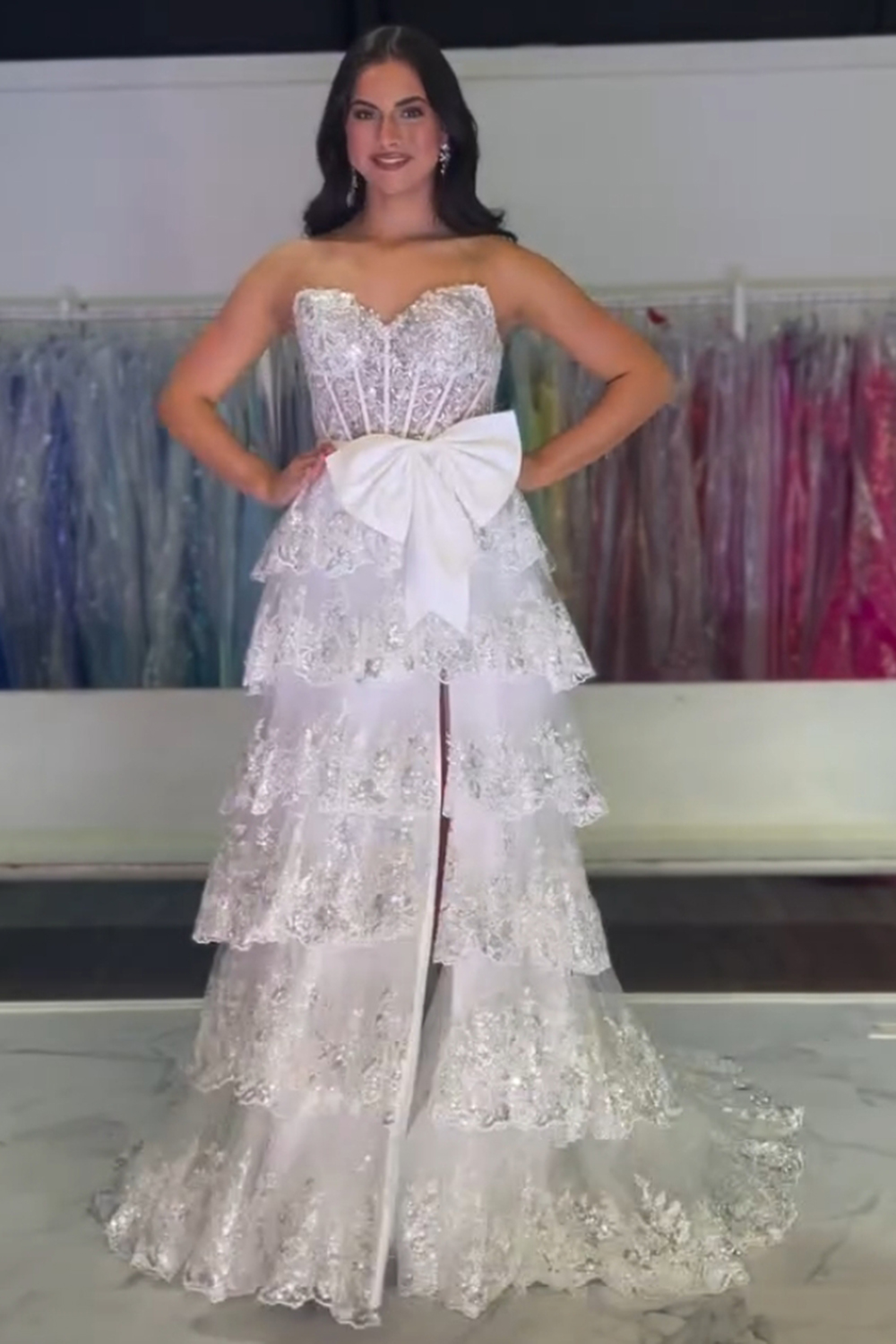 Long Black Sparkly A-Line Corset Prom Dress with Sweetheart Neckline Ruffles Sequins and Bow