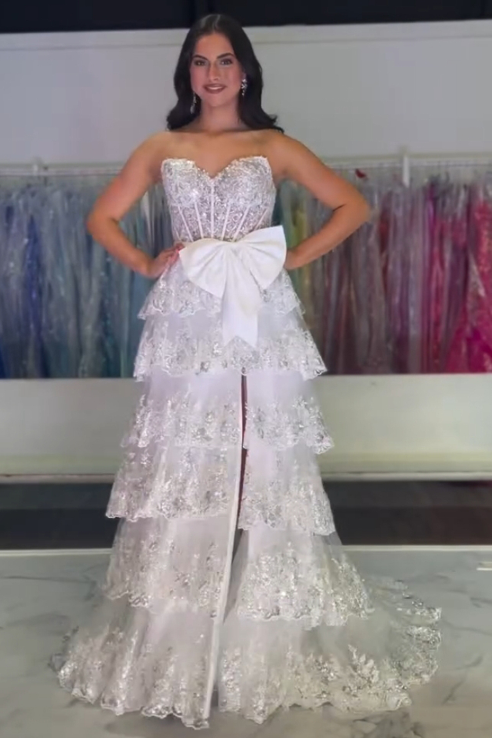 Long Black Sparkly A-Line Corset Prom Dress with Sweetheart Neckline Ruffles Sequins and Bow