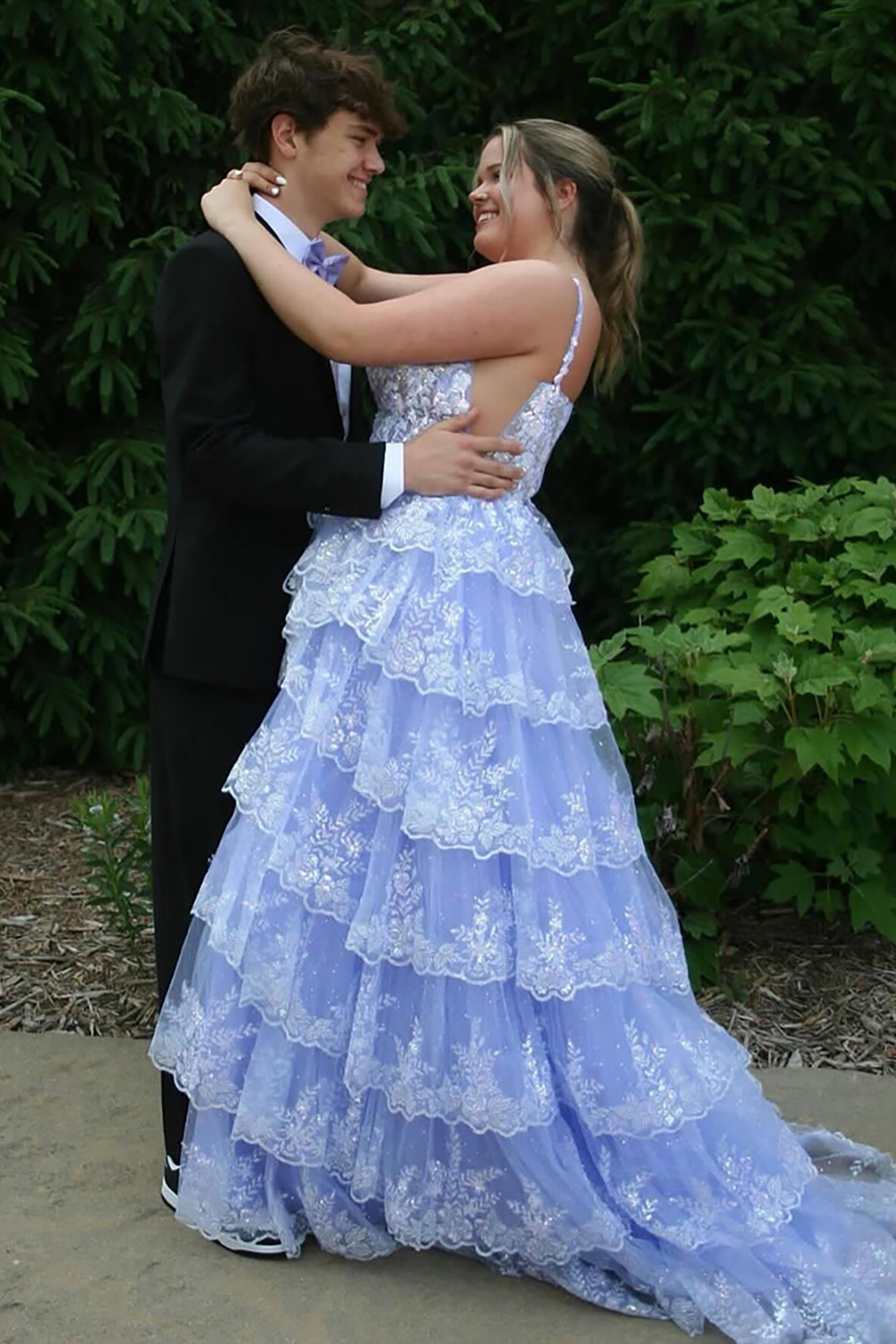 Black Sparkling A-Line Corset Prom Dress with Sequins Spaghetti Straps Tiered Design and Slit