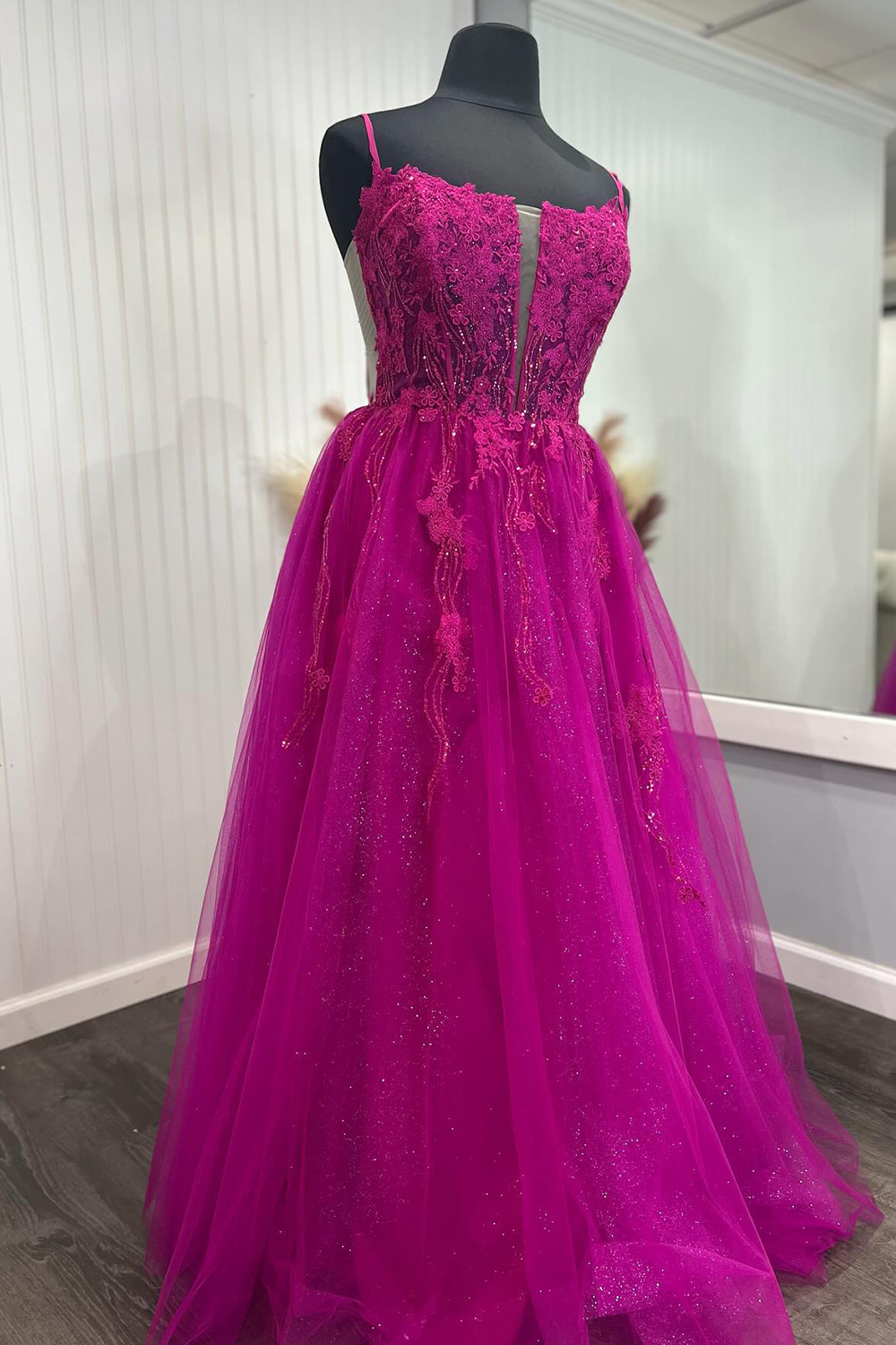 Fuchsia Sparkle Long A-Line Corset Prom Dress with Tulle Spaghetti Straps and Appliques