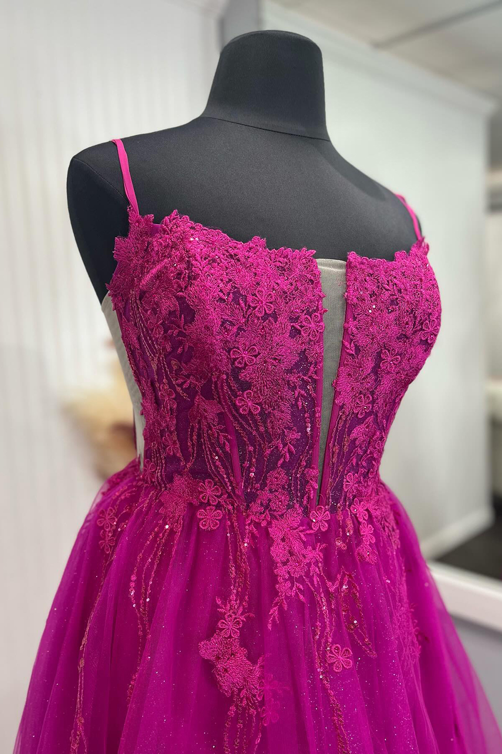 Fuchsia Sparkle Long A-Line Corset Prom Dress with Tulle Spaghetti Straps and Appliques