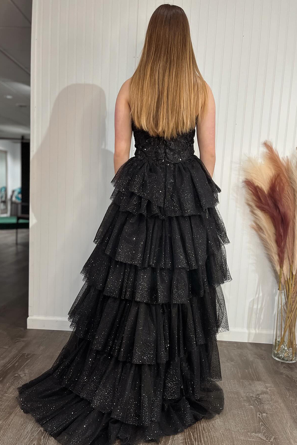 Black Sparkle Sweetheart Corset Prom Gown with Tiered Tulle and Appliques