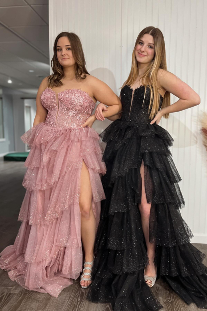 Black Sparkle Sweetheart Corset Prom Gown with Tiered Tulle and Appliques