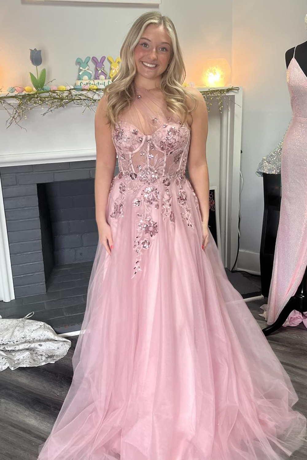 Long A-Line Corset Prom Dress in Sparkly Pink Tulle with One Shoulder and Sequins