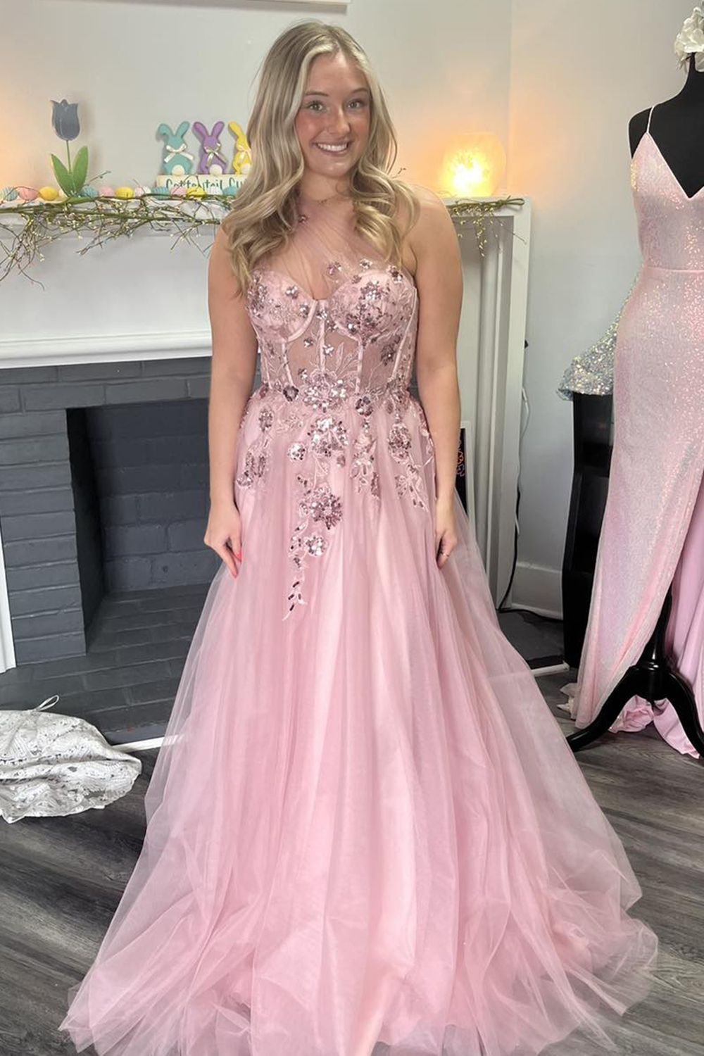 Long A-Line Corset Prom Dress in Sparkly Pink Tulle with One Shoulder and Sequins