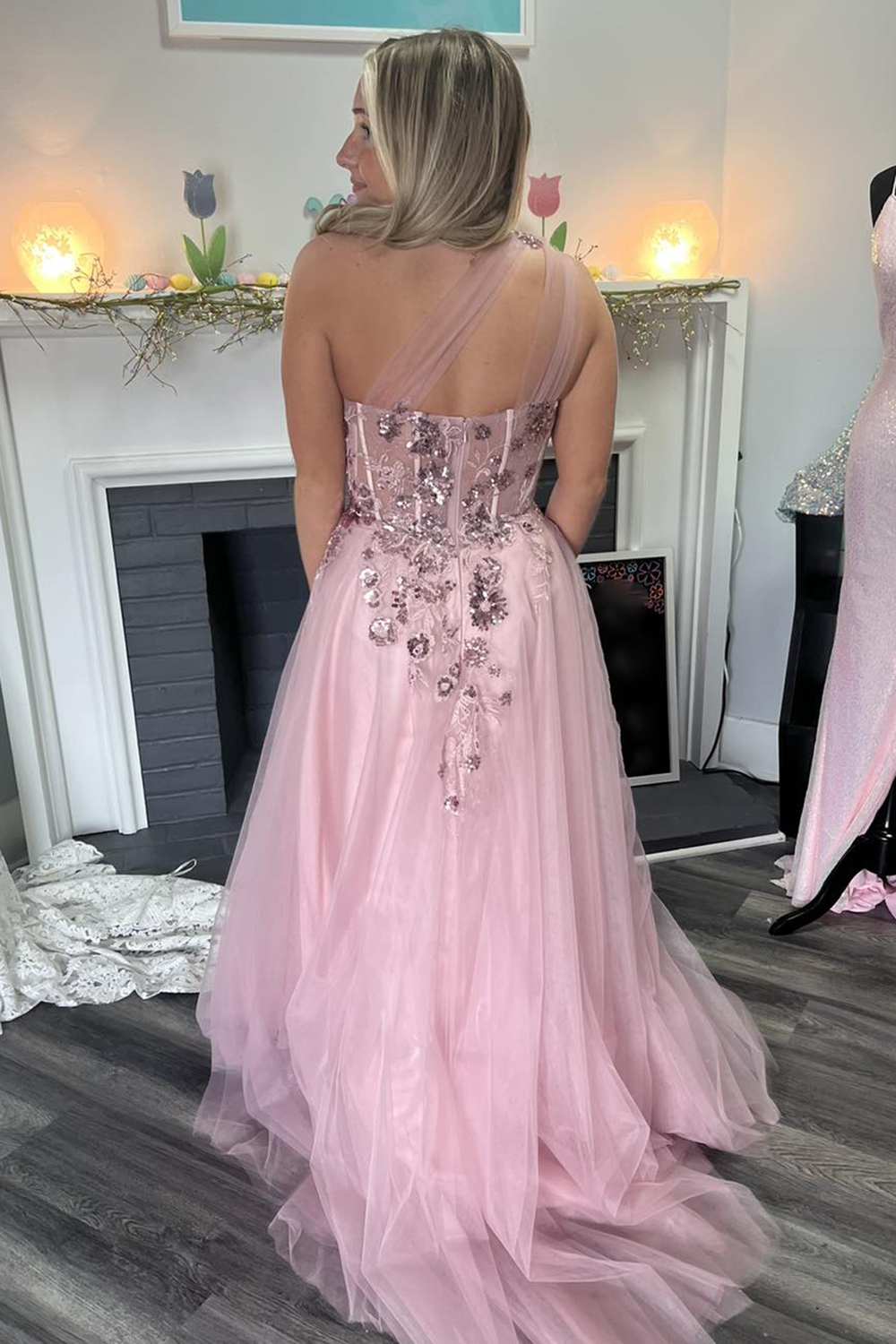 Long A-Line Corset Prom Dress in Sparkly Pink Tulle with One Shoulder and Sequins