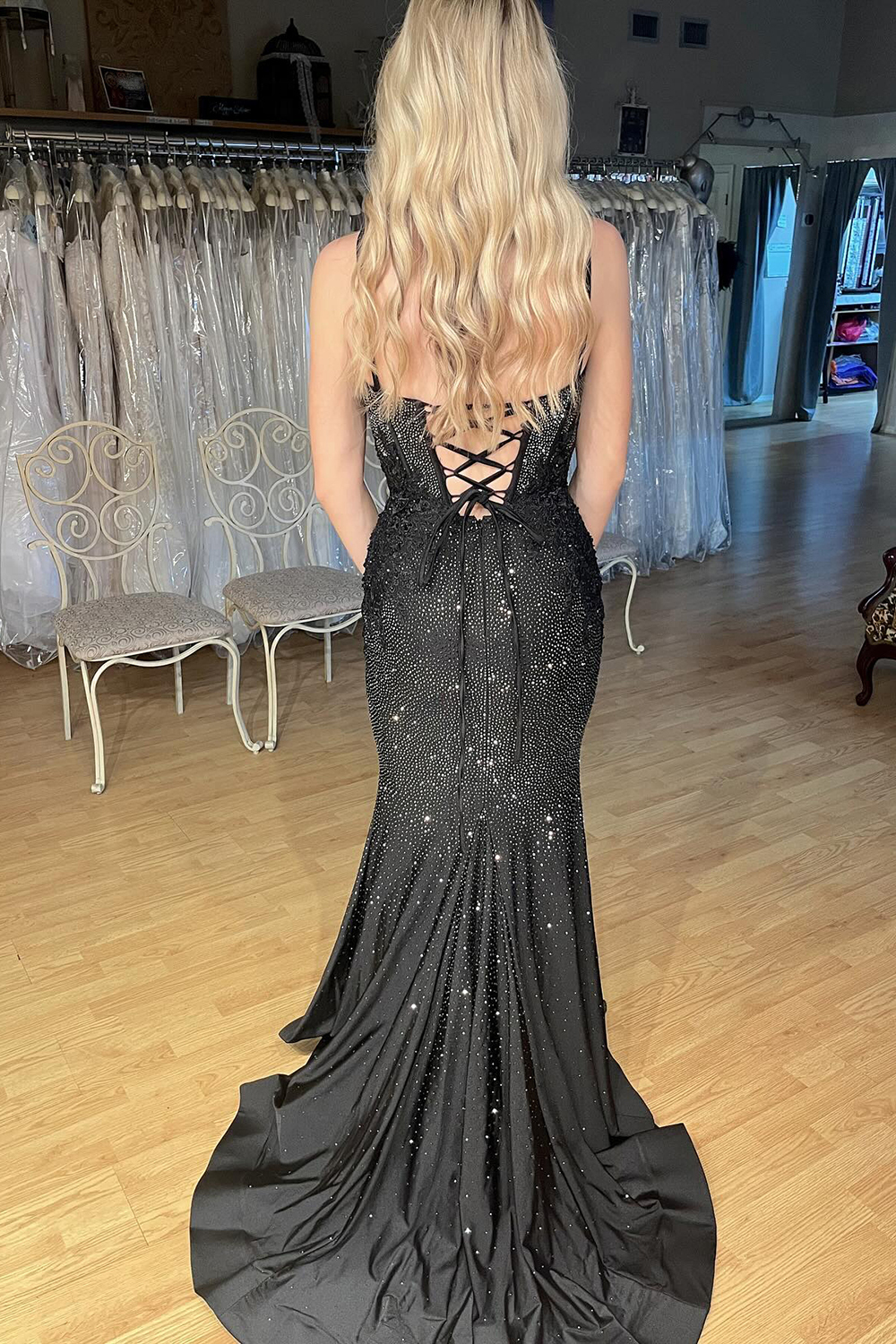 Black Glitter Mermaid Corset Prom Dress with Beaded Spaghetti Straps
