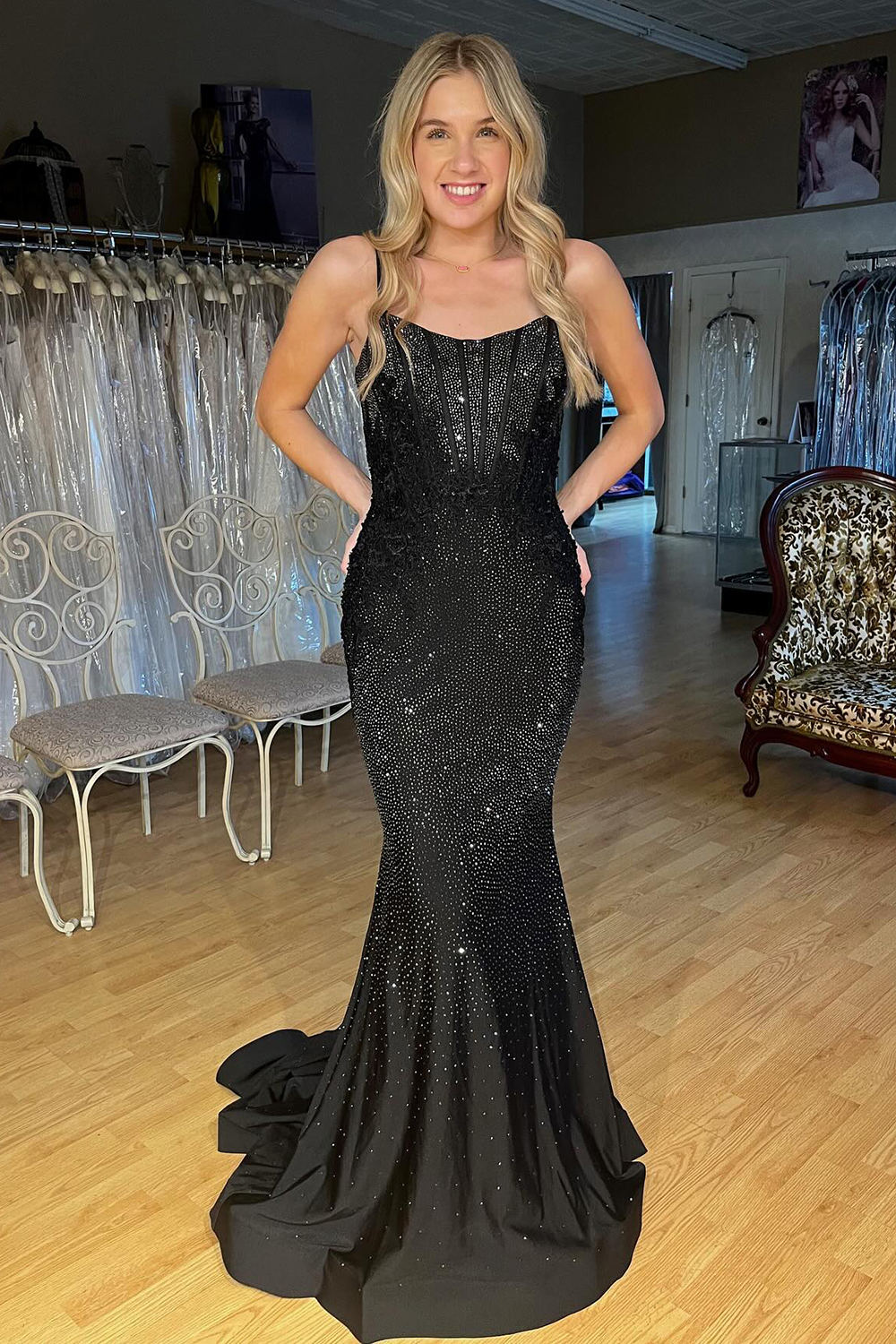 Black Glitter Mermaid Corset Prom Dress with Beaded Spaghetti Straps