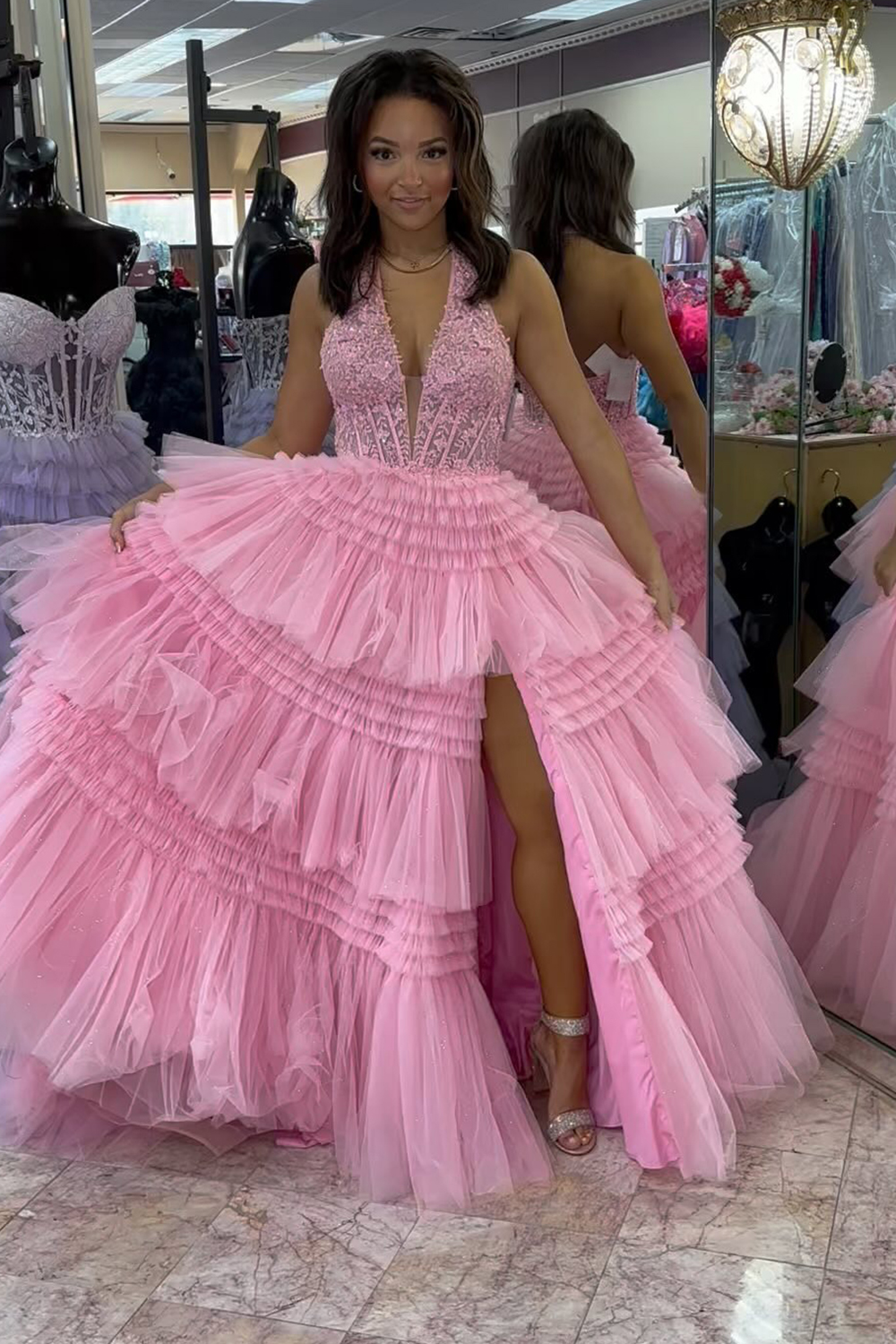 Long A-Line Corset Prom Dress in Pink with Halter Neck Tulle Tiered Skirt and Appliques
