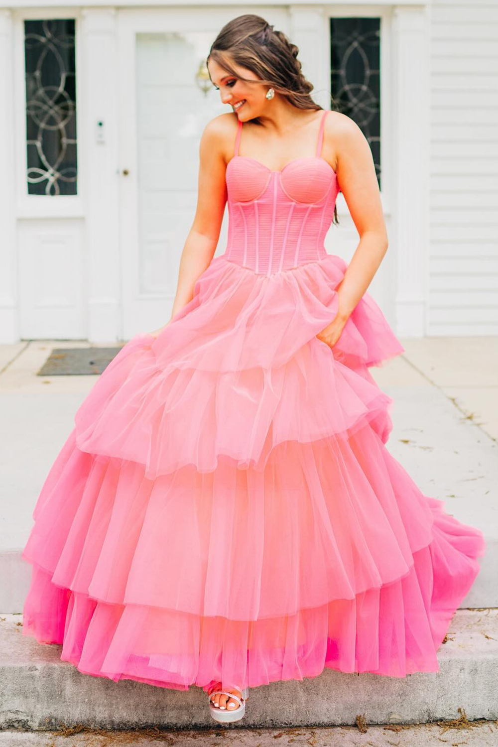 Long Corset Prom Dress with Pink Spaghetti Straps and Tiered A-Line Tulle