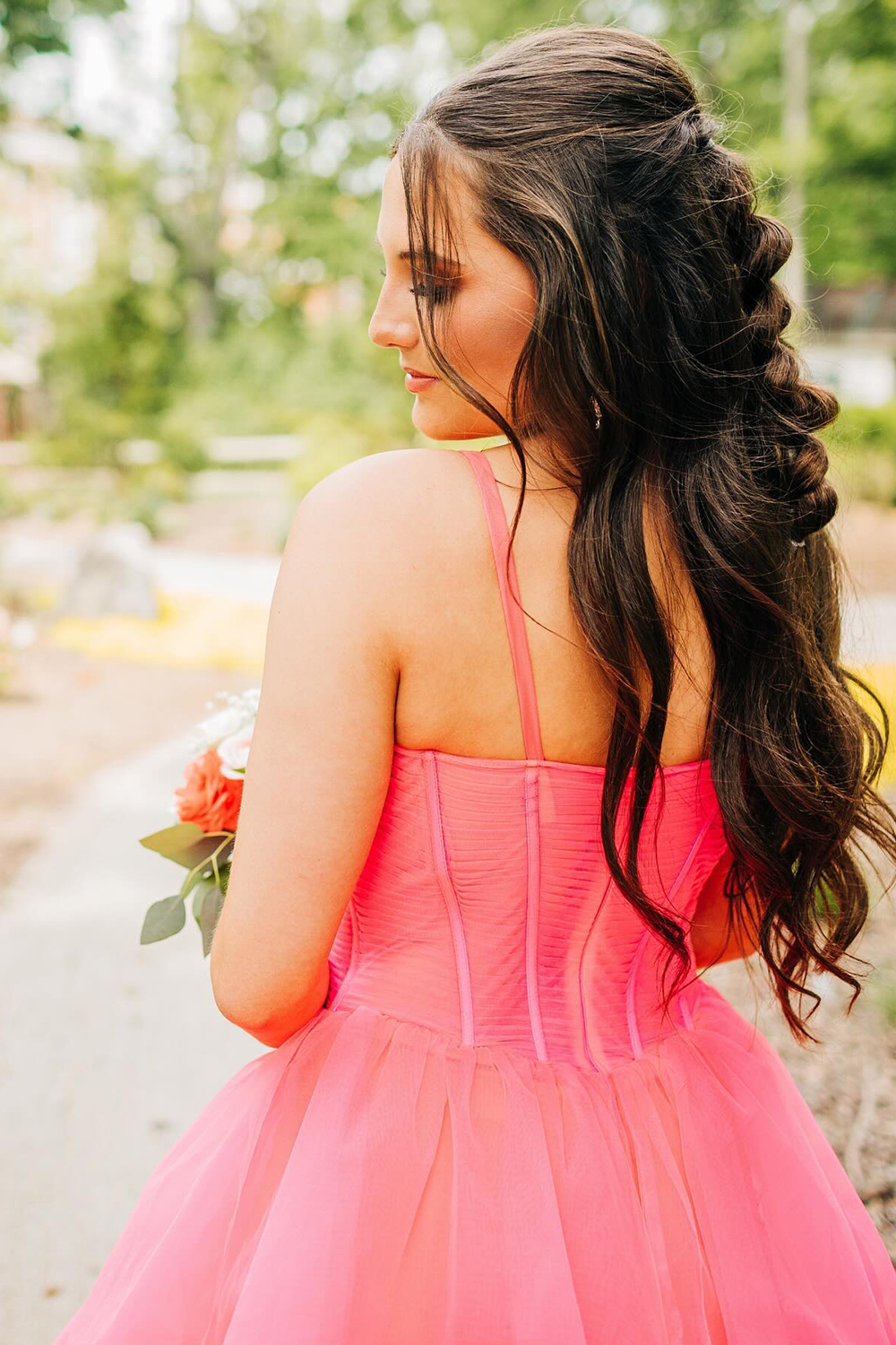 Long Corset Prom Dress with Pink Spaghetti Straps and Tiered A-Line Tulle
