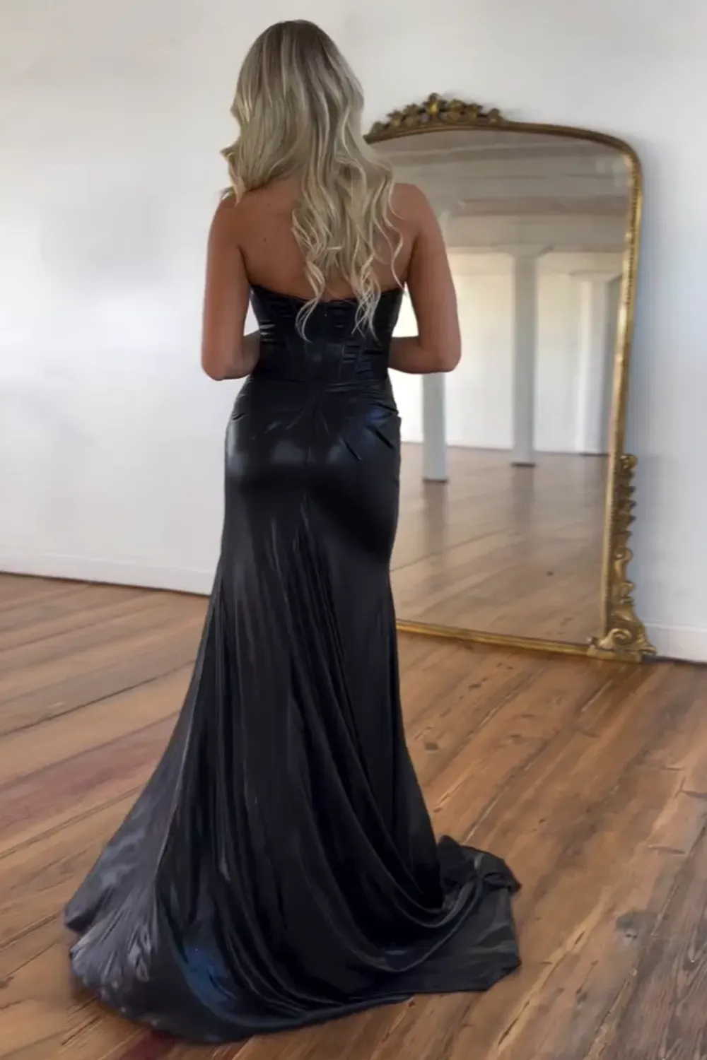 Sweetheart Prom Corset Dress in Metallic Rose Gold with Slit