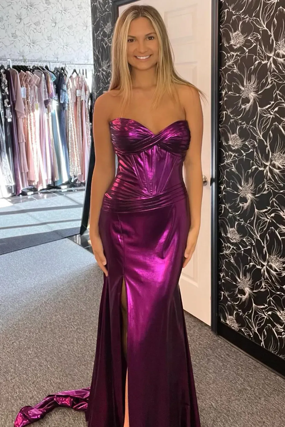 Sweetheart Prom Corset Dress in Metallic Rose Gold with Slit