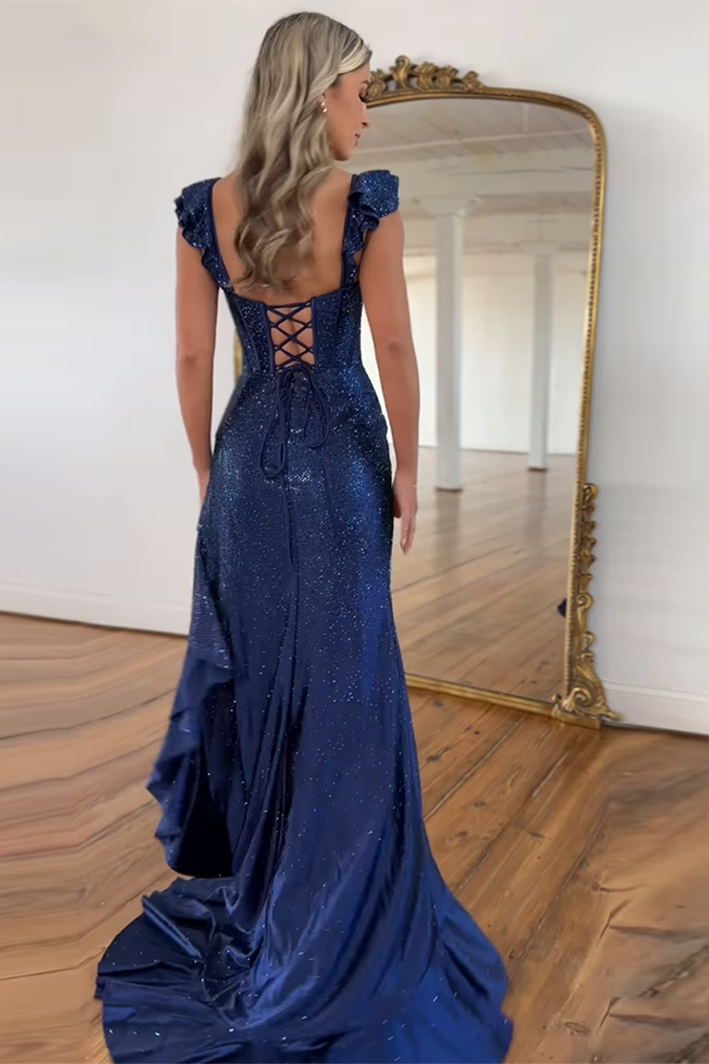 Yellow Glitter Mermaid Prom Dress with Beaded Corset and Ruffled Spaghetti Straps