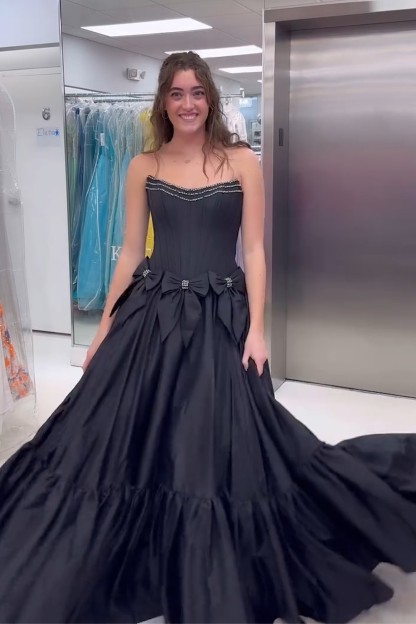 Long Satin A-Line Prom Corset Dress in Pink with Strapless Design and Bows
