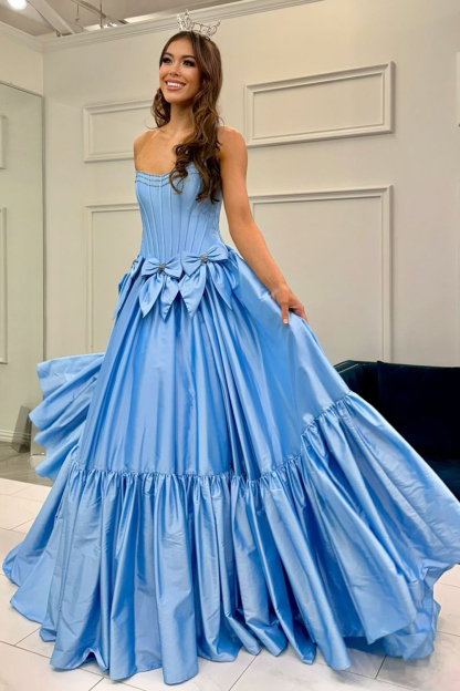 Long Satin A-Line Prom Corset Dress in Pink with Strapless Design and Bows