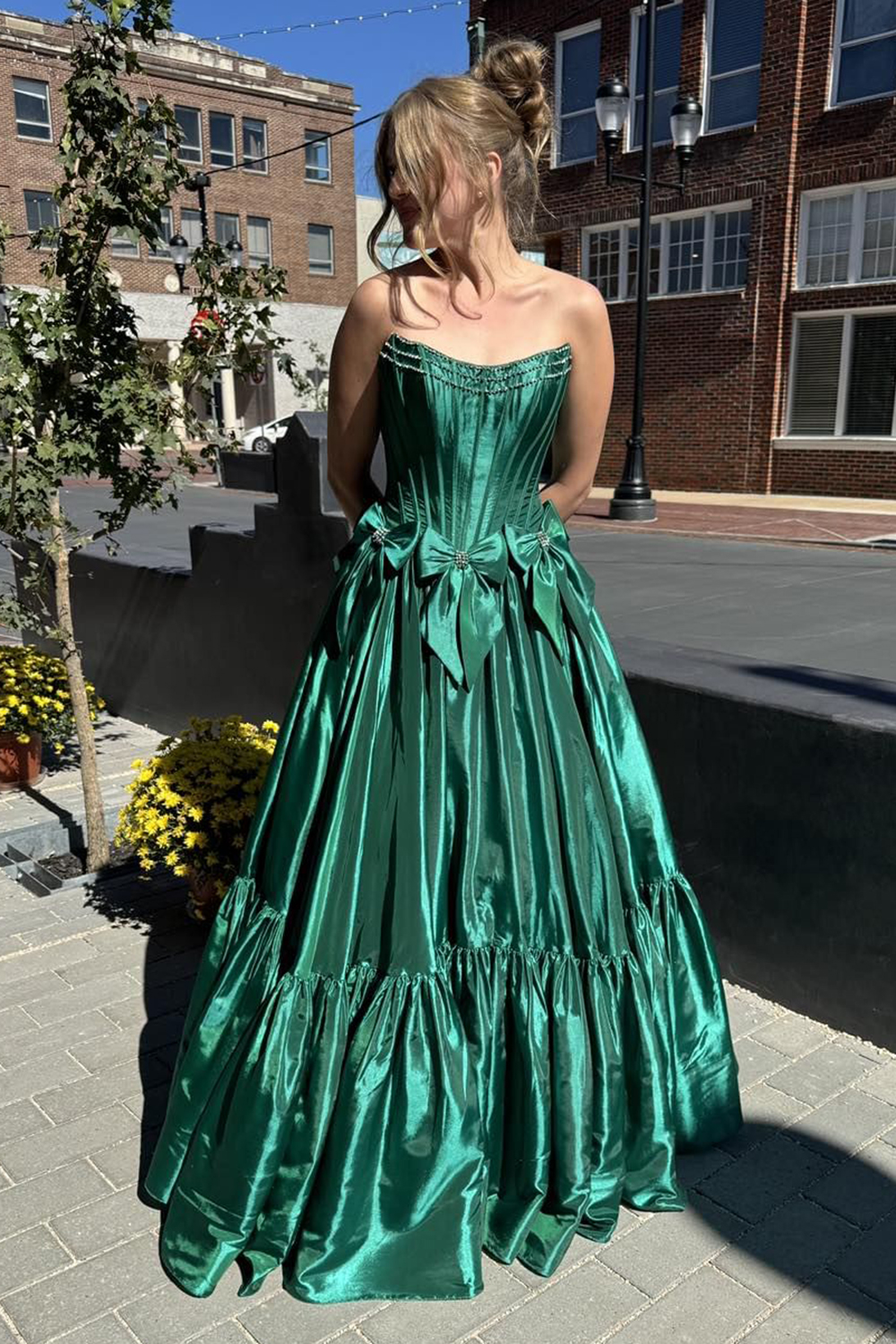 Long Satin A-Line Prom Corset Dress in Pink with Strapless Design and Bows