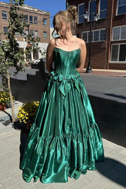 Long Satin A-Line Prom Corset Dress in Pink with Strapless Design and Bows