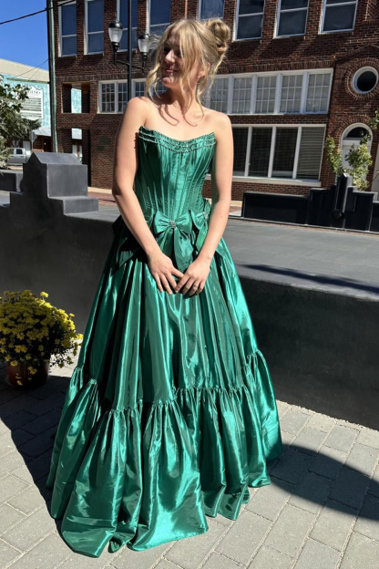 Long Satin A-Line Prom Corset Dress in Pink with Strapless Design and Bows