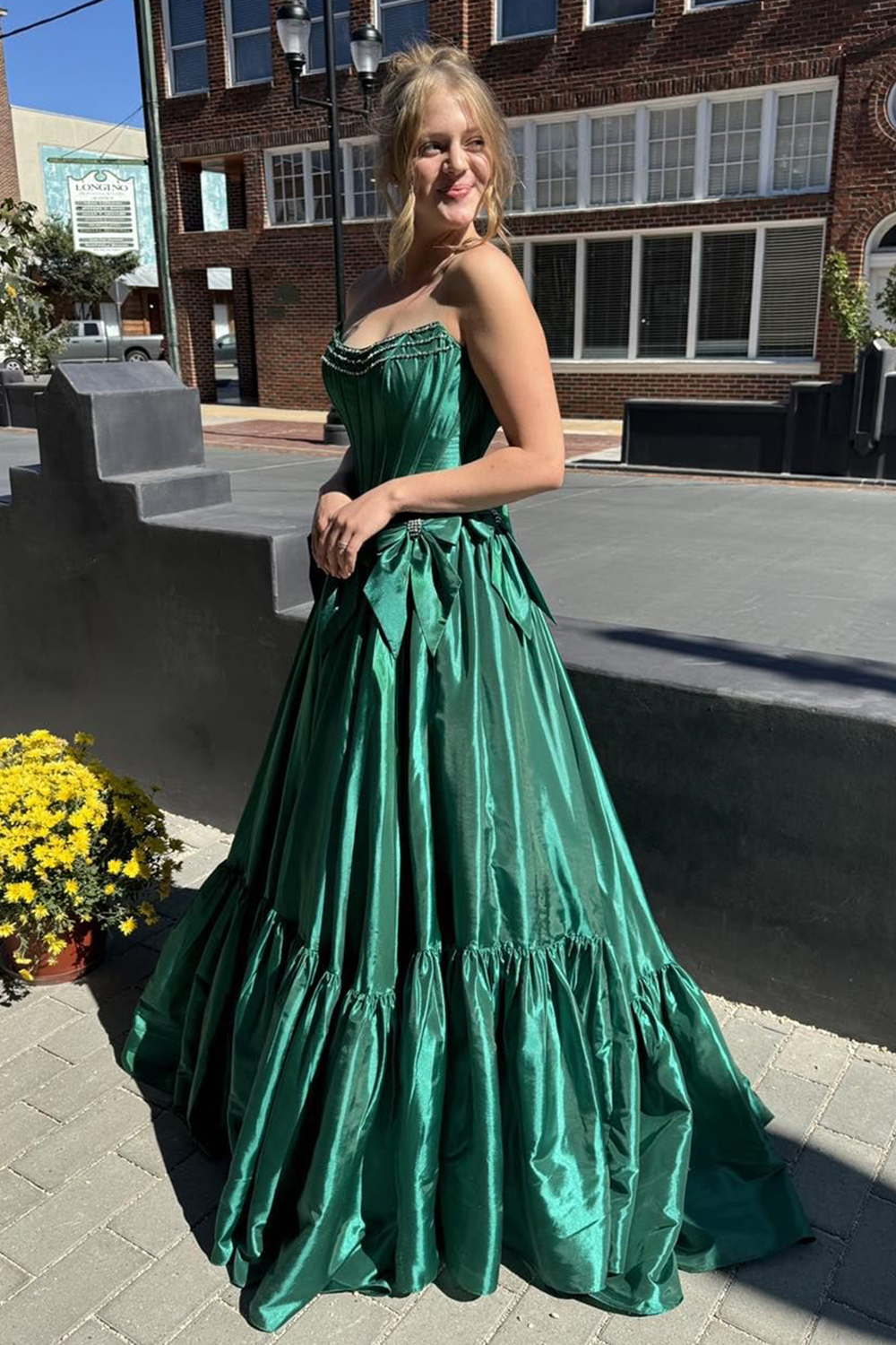 Long Satin A-Line Prom Corset Dress in Pink with Strapless Design and Bows