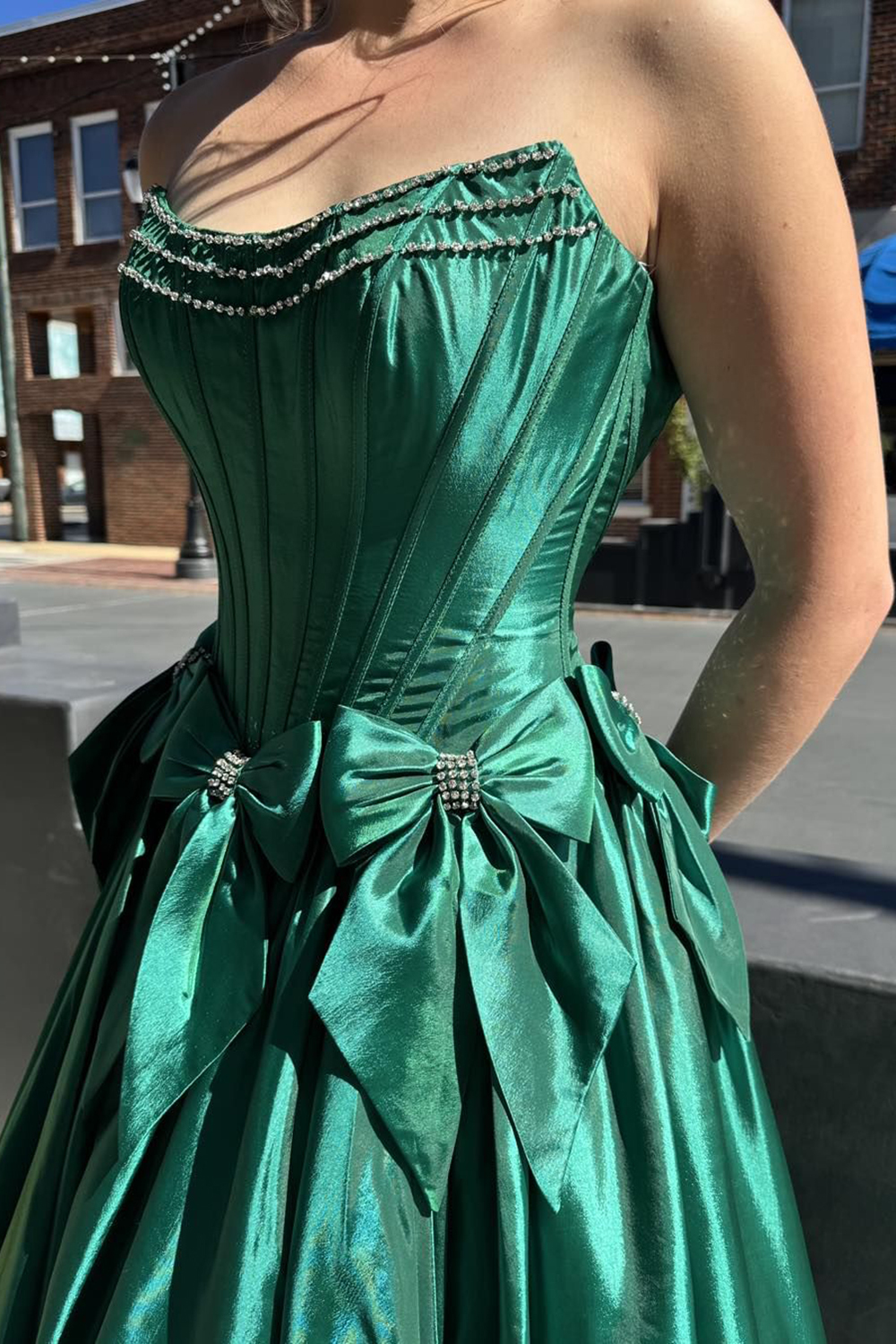 Long Satin A-Line Prom Corset Dress in Pink with Strapless Design and Bows