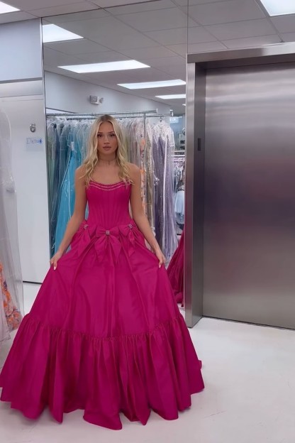 Long Satin A-Line Prom Corset Dress in Pink with Strapless Design and Bows