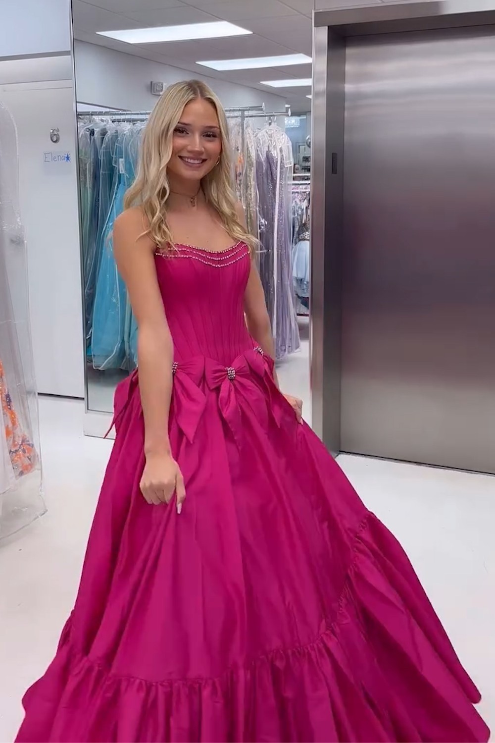 Long Satin A-Line Prom Corset Dress in Pink with Strapless Design and Bows