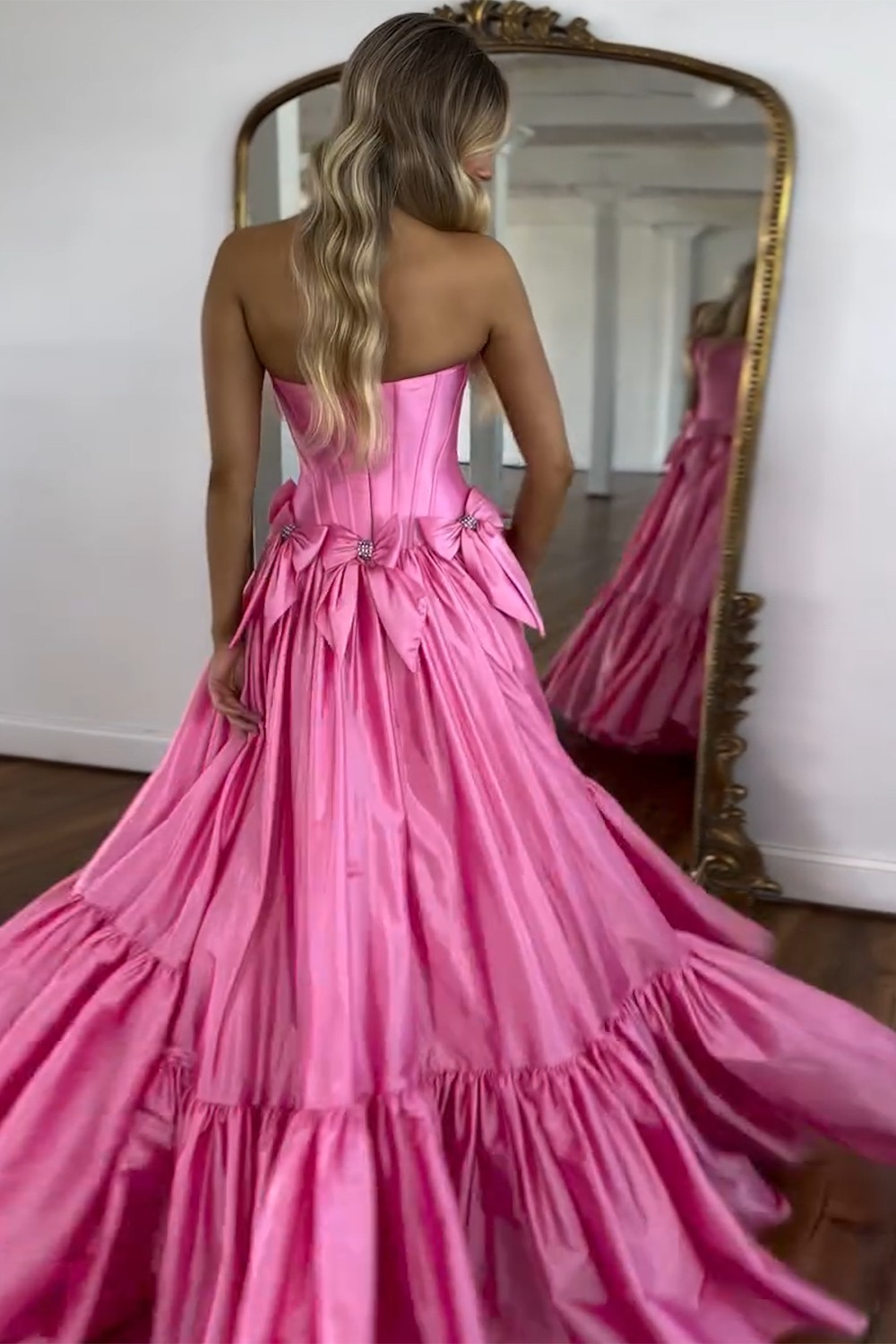 Long Satin A-Line Prom Corset Dress in Pink with Strapless Design and Bows