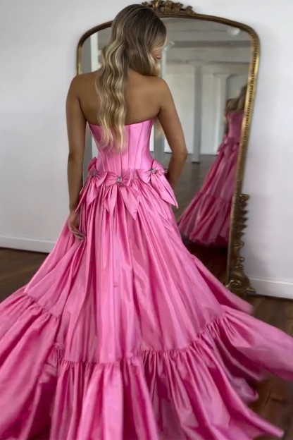 Long Satin A-Line Prom Corset Dress in Pink with Strapless Design and Bows