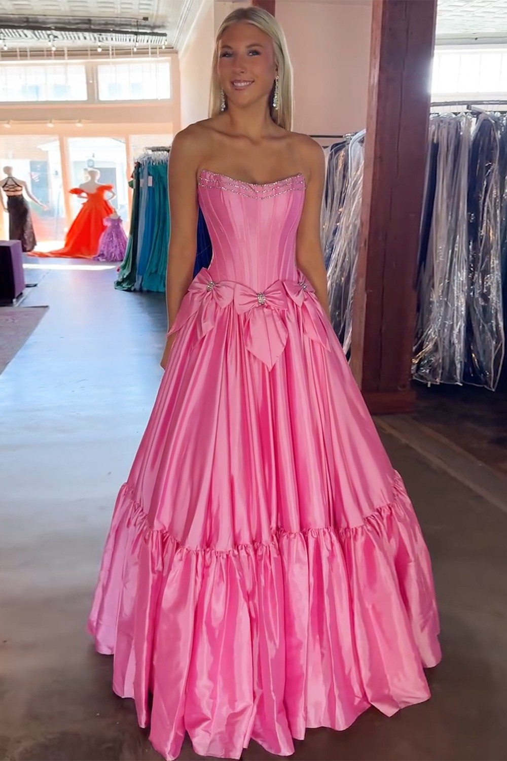 Long Satin A-Line Prom Corset Dress in Pink with Strapless Design and Bows