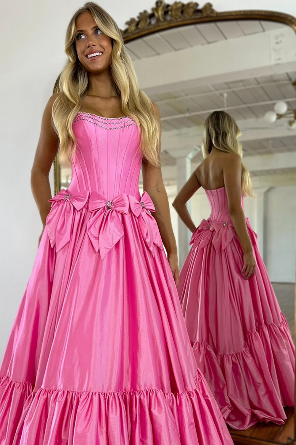 Long Satin A-Line Prom Corset Dress in Pink with Strapless Design and Bows