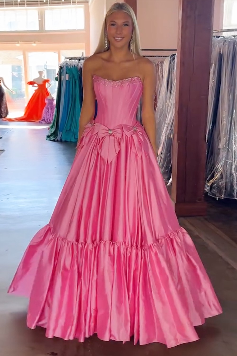 Long Satin A-Line Prom Corset Dress in Pink with Strapless Design and Bows