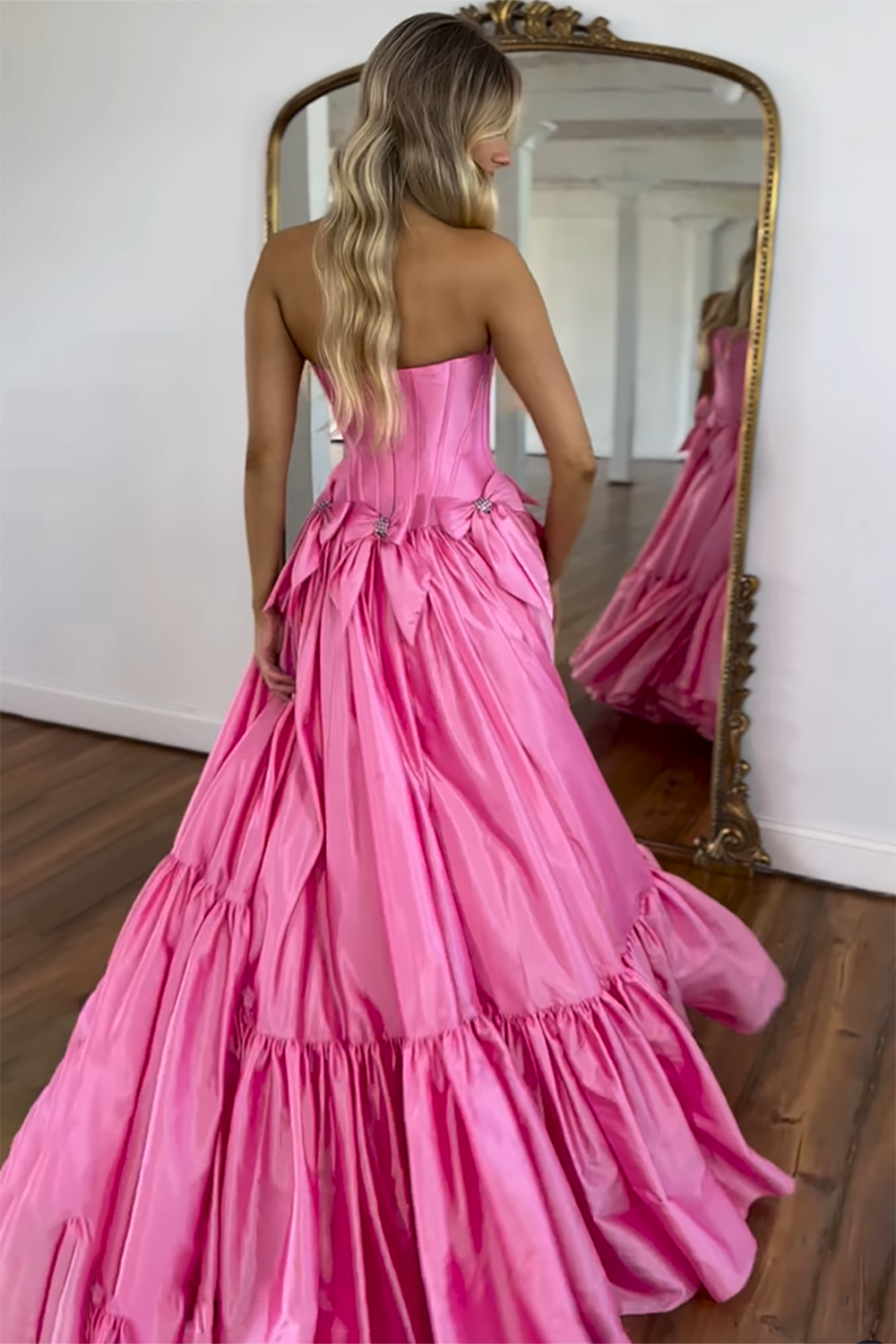 Long Satin A-Line Prom Corset Dress in Pink with Strapless Design and Bows