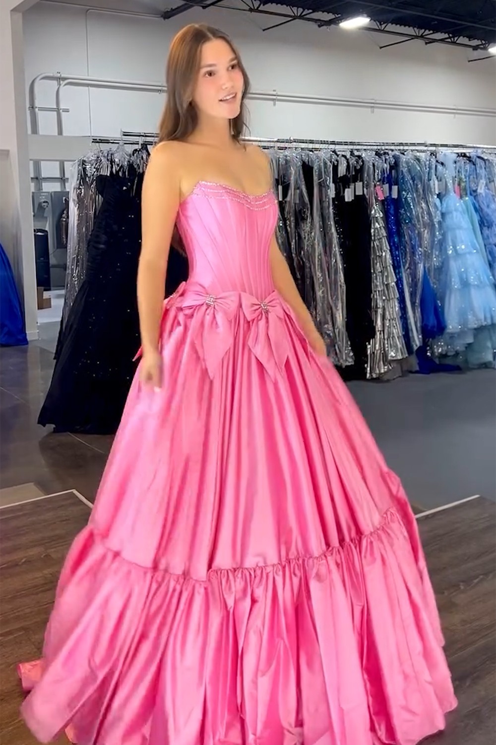 Long Satin A-Line Prom Corset Dress in Pink with Strapless Design and Bows