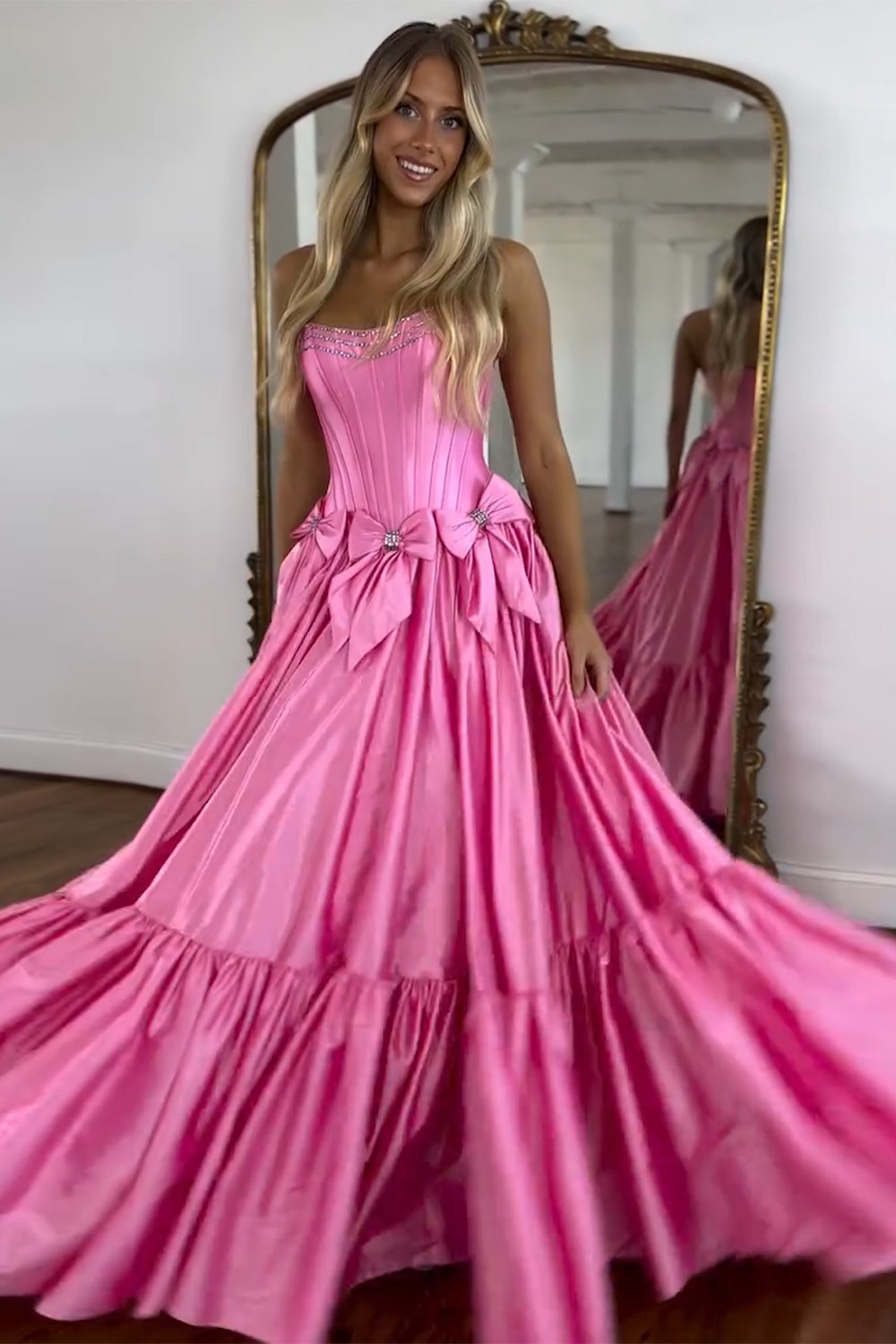 Long Satin A-Line Prom Corset Dress in Pink with Strapless Design and Bows