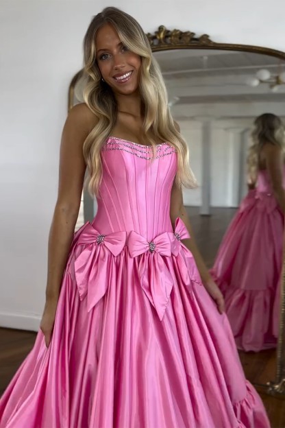 Long Satin A-Line Prom Corset Dress in Pink with Strapless Design and Bows