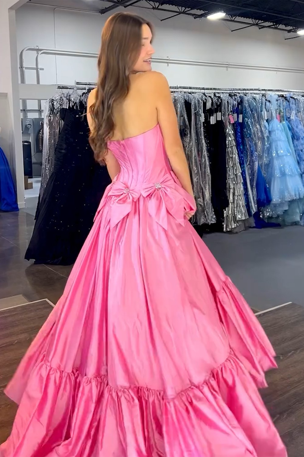 Long Satin A-Line Prom Corset Dress in Pink with Strapless Design and Bows