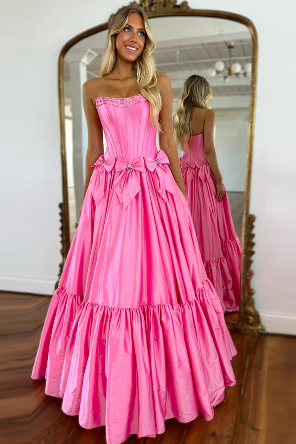 Long Satin A-Line Prom Corset Dress in Pink with Strapless Design and Bows