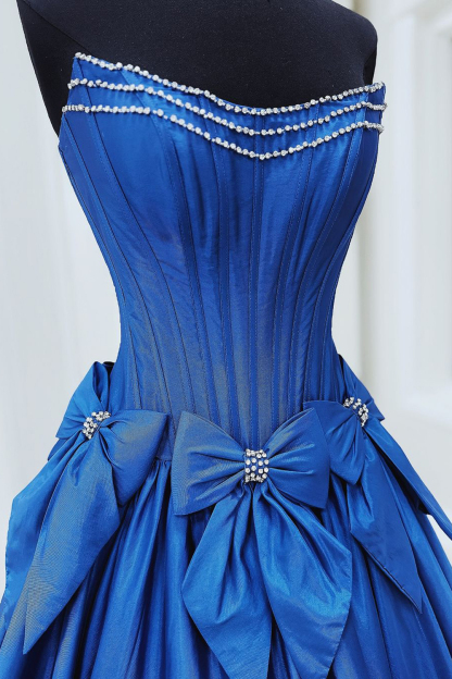 Long Satin A-Line Prom Corset Dress in Pink with Strapless Design and Bows