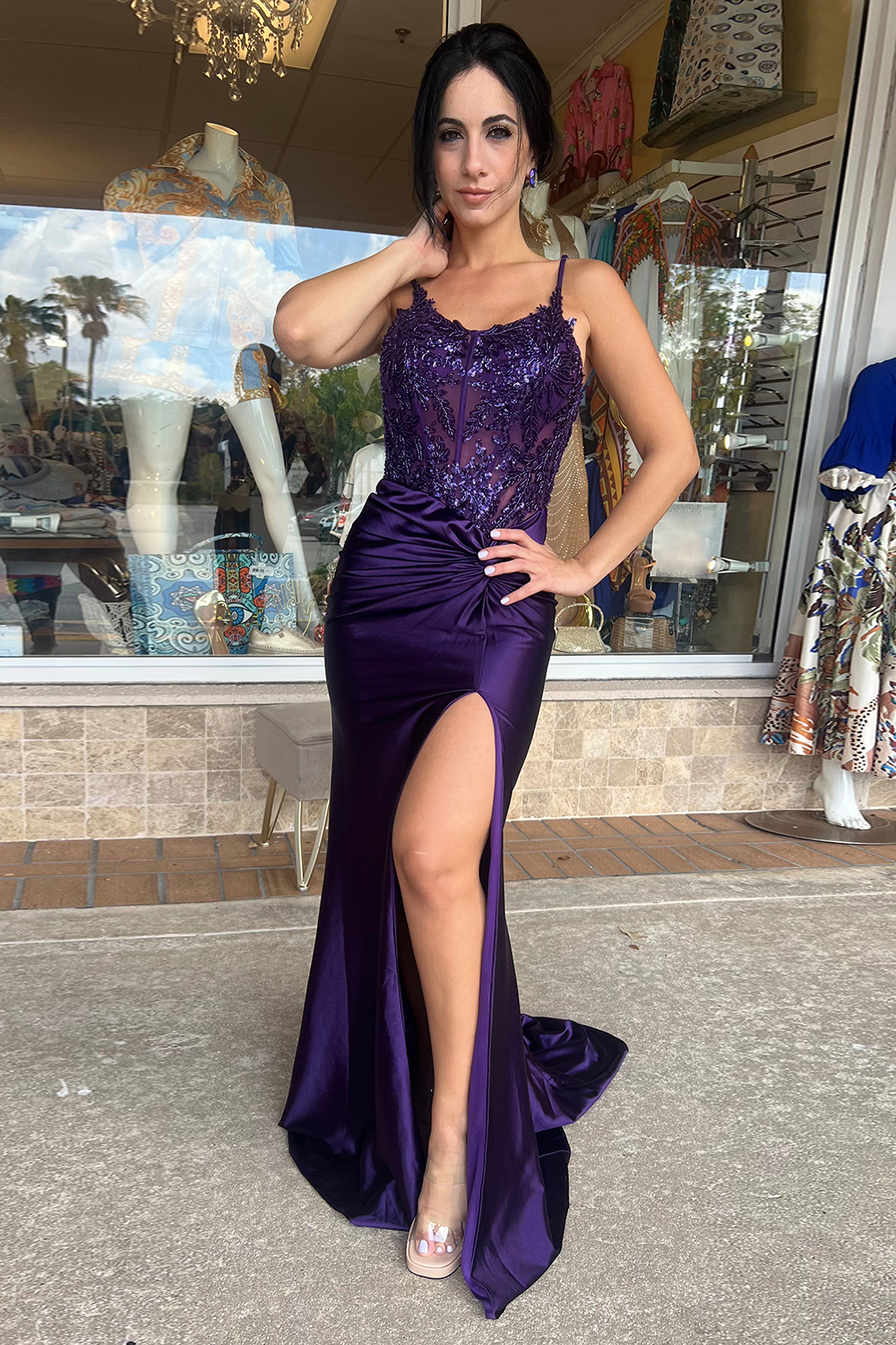 Long Mermaid Prom Dress in Dark Green Satin with Spaghetti Straps and Beading