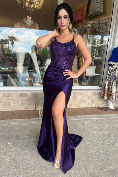 Long Mermaid Prom Dress in Dark Green Satin with Spaghetti Straps and Beading