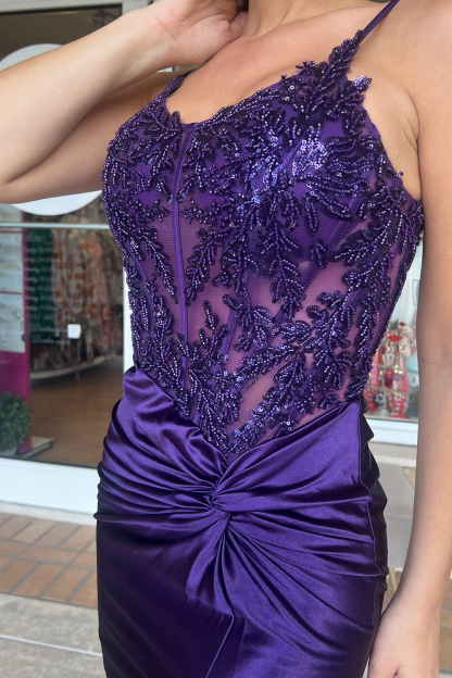 Long Mermaid Prom Dress in Dark Green Satin with Spaghetti Straps and Beading