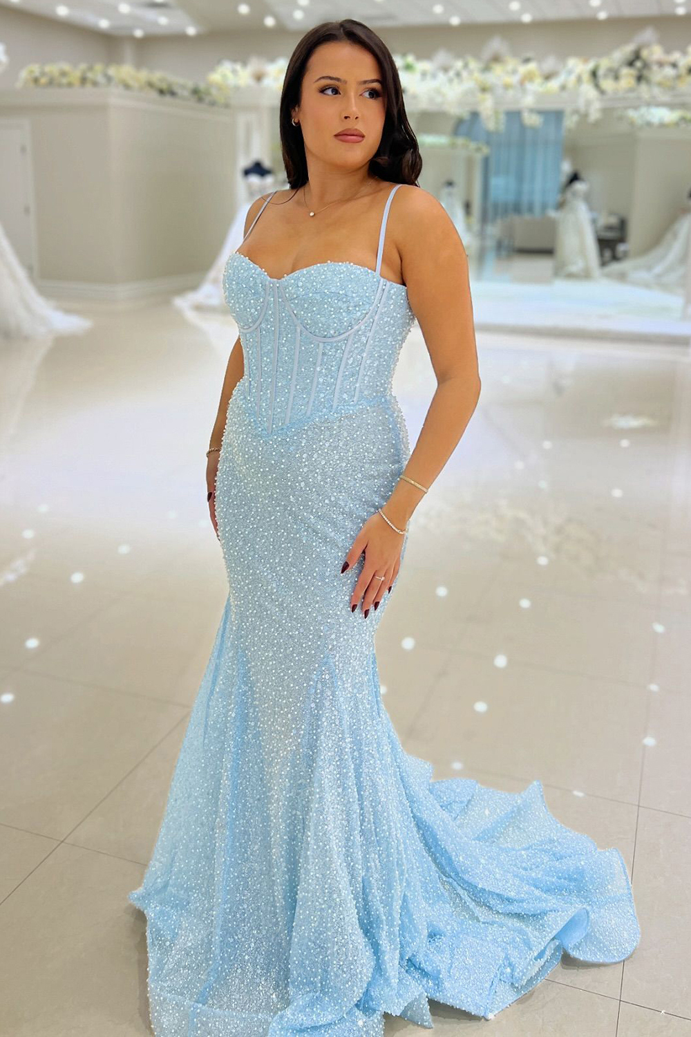 Long Corset Prom Dress with Sparkly Pink Spaghetti Straps and Mermaid Sequins