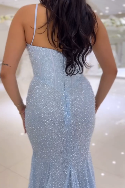 Long Corset Prom Dress with Sparkly Pink Spaghetti Straps and Mermaid Sequins