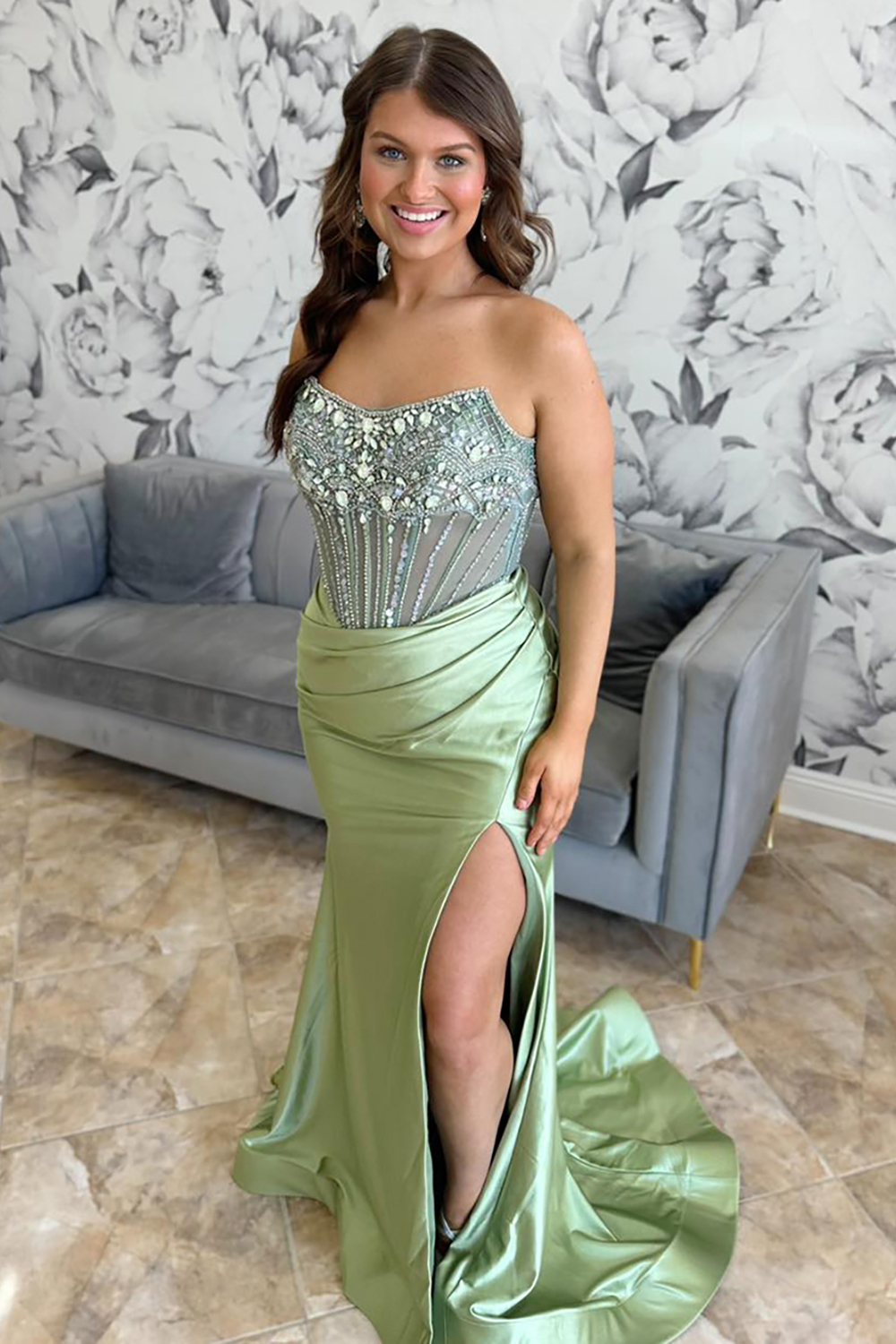 Long Beaded Corset Prom Dress in Dusty Blue Mermaid Satin with Sparkly Slit