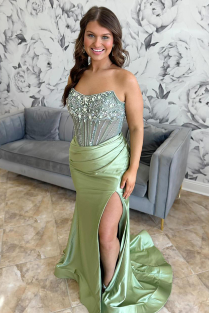 Long Beaded Corset Prom Dress in Dusty Blue Mermaid Satin with Sparkly Slit
