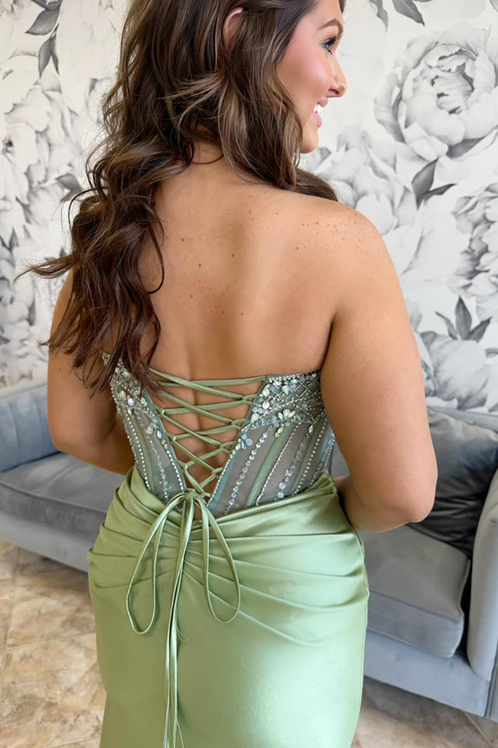 Long Beaded Corset Prom Dress in Dusty Blue Mermaid Satin with Sparkly Slit