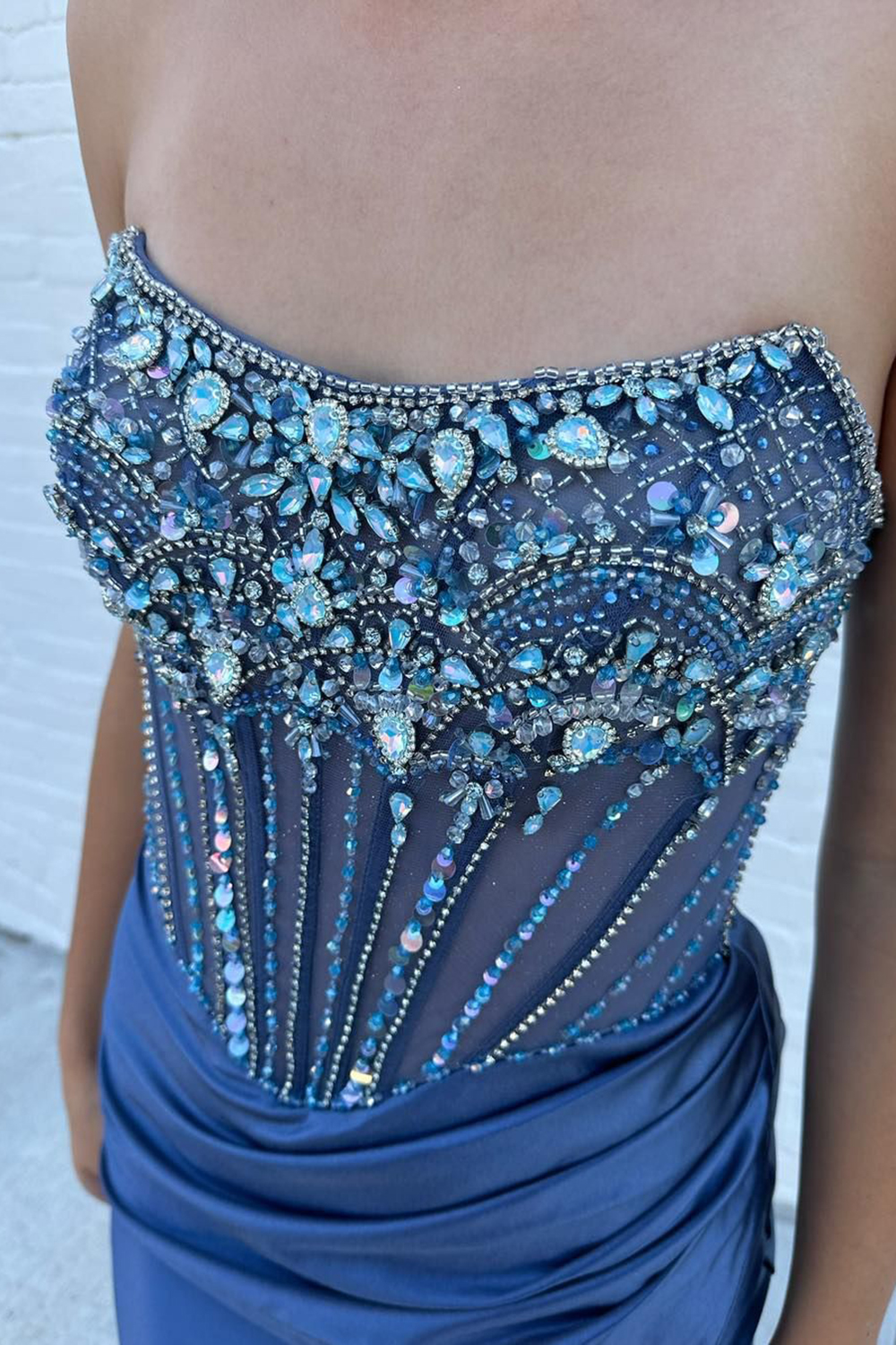 Long Beaded Corset Prom Dress in Dusty Blue Mermaid Satin with Sparkly Slit