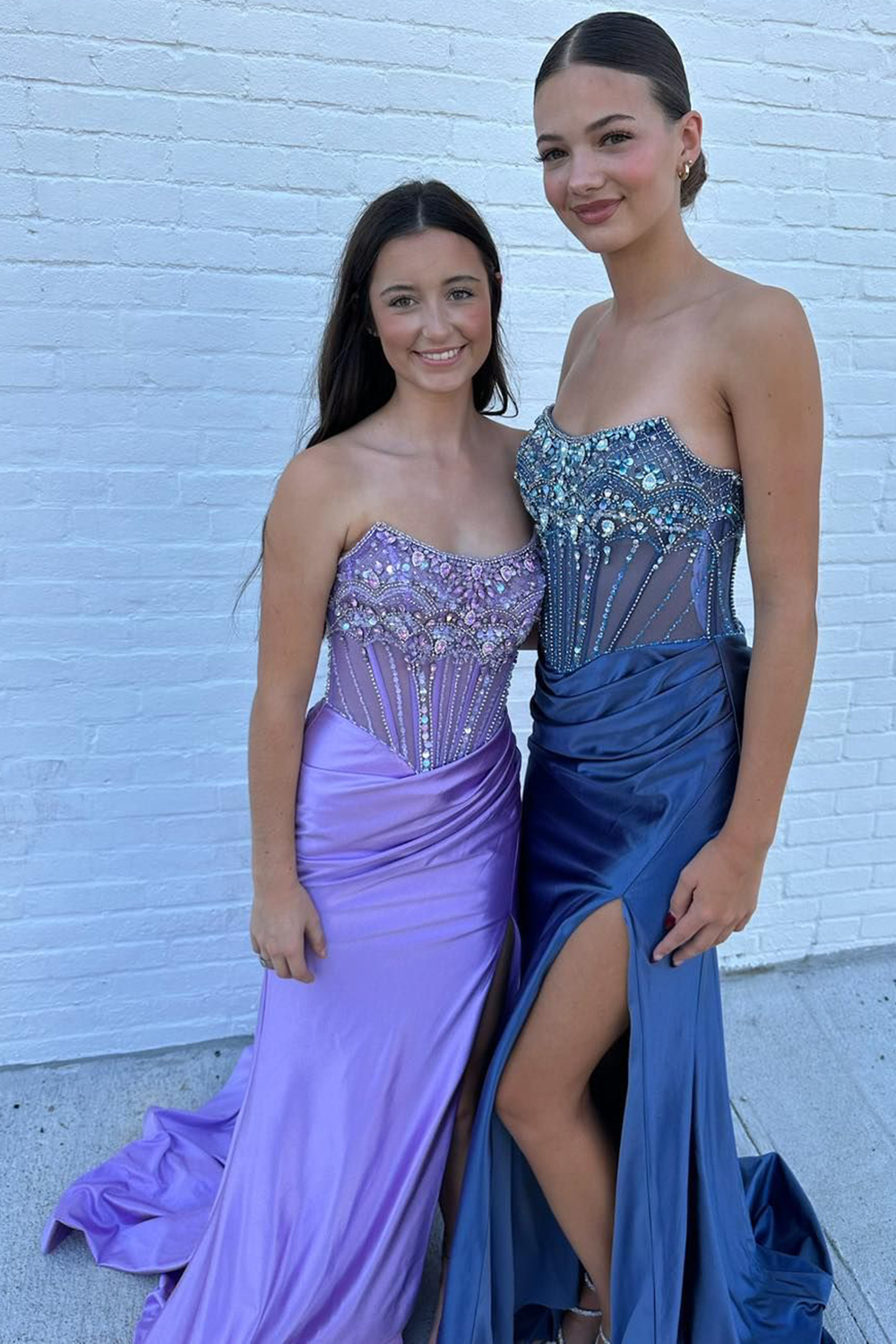 Long Beaded Corset Prom Dress in Dusty Blue Mermaid Satin with Sparkly Slit