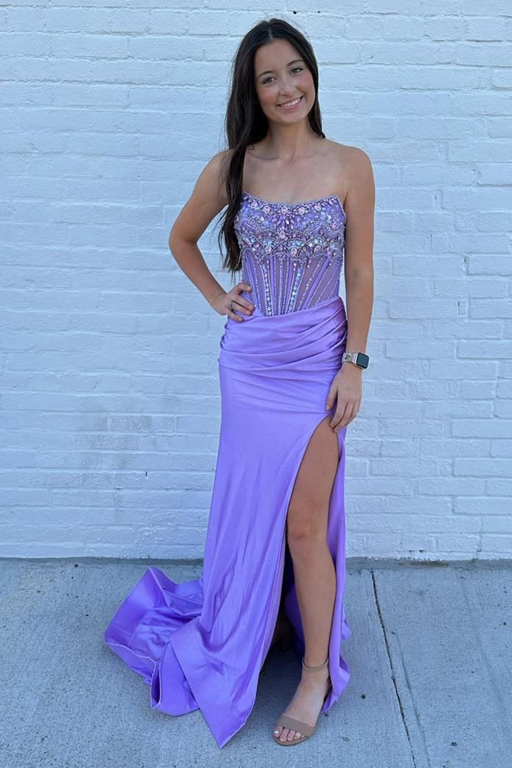 Long Beaded Corset Prom Dress in Dusty Blue Mermaid Satin with Sparkly Slit